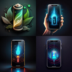 Fototapete - A digital illustration showcasing eco-friendly phone charging concepts.  Vibrant colors depict energy and nature merging with technology.