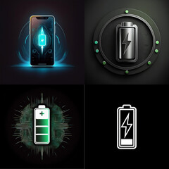 Poster - A collage showcasing four distinct illustrations of phone battery charging, using vibrant colors and futuristic designs.  Each image emphasizes the power and technology behind fast charging.