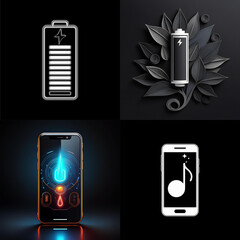 Poster - A collage showcases energy and technology.  Top left: a battery icon. Top right: a battery nestled within leaves. Bottom left: a glowing phone screen. Bottom right: a phone displaying a music note.  A