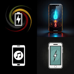 Aufkleber - A vibrant digital collage showcasing phone charging and music icons.  Swirling energy, glowing interfaces, and sleek device designs highlight modern technology.