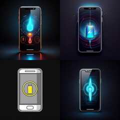 Poster - Futuristic phone charging interfaces displayed on four sleek smartphones.  Glowing graphics illustrate charging progress and power levels.  The designs emphasize technological advancement and user exp