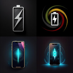 Poster - A collage showcases four unique designs emphasizing battery charging.  Modern illustrations depict energy, power, and technological advancement.  A phone's screen displays charging status.