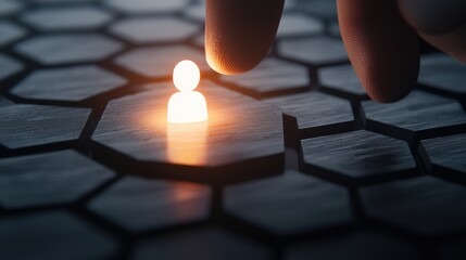 Poster - Hand Placing Illuminated Figure on Geometric Wood Pattern for Conceptual Illustration
