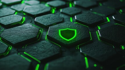 Poster - Green Hexagonal Tiles with Shield Icon on Dark Background for Cybersecurity Themes