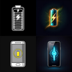 Aufkleber - Four illustrations depict battery charging states and smartphone charging.  Simple and stylized designs showcase different charging levels and technological representations.