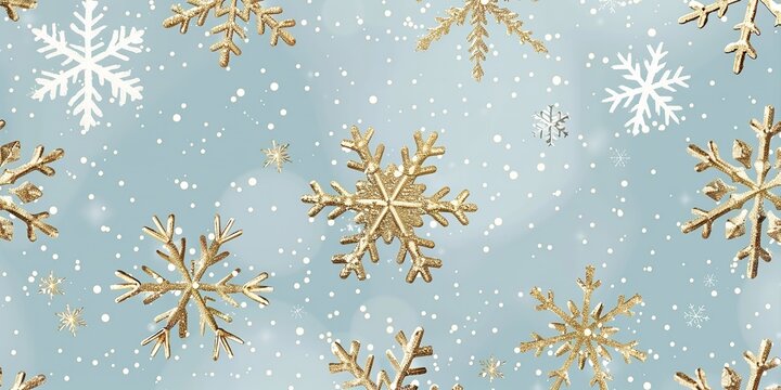 Golden snowflakes are shown in close-up on a sky blue background that is studio-clean, with enough of room for writing or a backdrop, Generative AI.