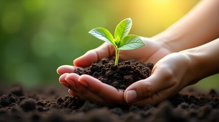 Hands Nurturing a Green Seedling: Symbol of Growth and Care