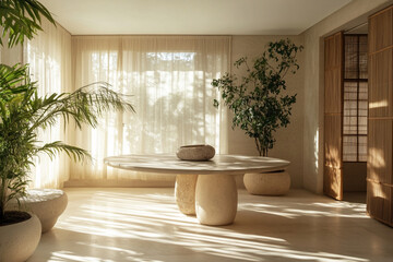 Aufkleber - Minimalist interior with natural light, potted plants, and a modern stone table