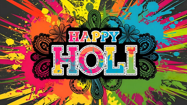 Indian Holi Festival of colors Abstract Multi color powder explosions, Happy Holi Text Letters Typography Written Background