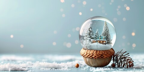 Aufkleber - An up-close view of a snow globe within the acorn which is showing a small winter fantasy photo against a light blue backdrop with a large text area, Generative AI.