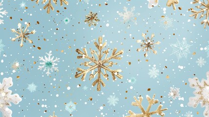 Aufkleber - Golden snowflakes are shown in close-up on a sky blue background that is studio-clean, with enough of room for writing or a backdrop, Generative AI.