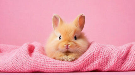 Poster - Rabbit, Fluffy orange bunny resting on a pink blanket against a soft pink background, evoking a cute and cozy atmosphere.