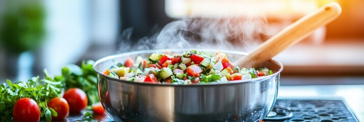 Wall Mural - Steaming Vegetable Stew in a Pot with Shallow Depth of Field. Rustic Food Stock Photo