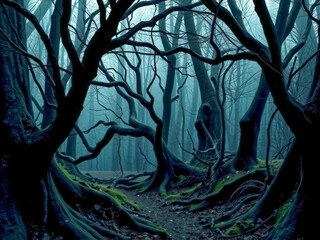 Poster - A dark forest with trees that are twisted and gnarled. Scene is eerie and mysterious