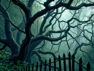 Canvas Print - A dark forest with a fence in the background. The trees are twisted and gnarled, giving the impression of a haunted forest