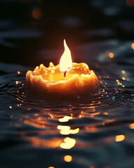Poster - Burning candle with glowing flame floating on rippling water surface
