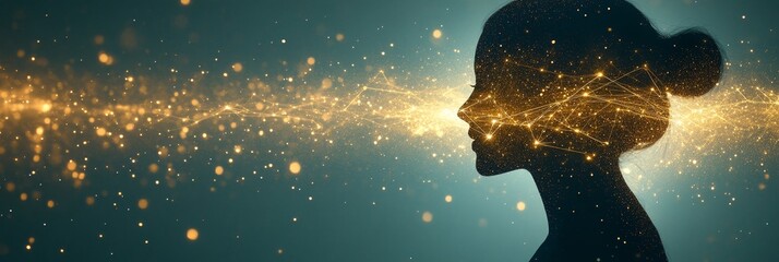 Poster - Profile of a Digital Human Head with a Glowing Network Against a Cosmic Dust Background