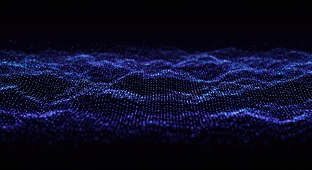 Poster - Digital neon wave pattern with glowing purple and blue lines on a dark futuristic background