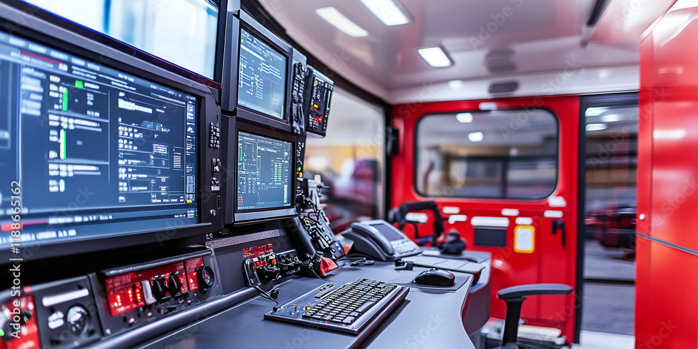 Stock-Illustration „Interior of a high-tech mobile command center with ...