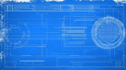 Poster - abstract digital blueprint design on blue background, lines, and circles, technology presentation