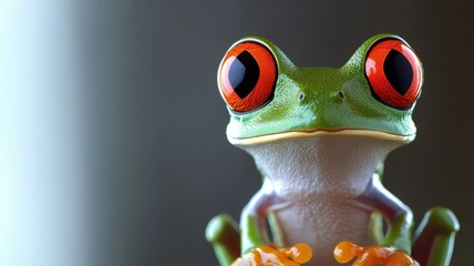 Vibrant green tree frog perched with focused eyes nature close-up indoor environment macro view