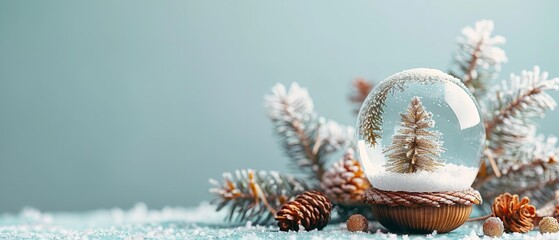 Aufkleber - An up-close view of a snow globe within the acorn which is showing a small winter fantasy photo against a light blue backdrop with a large text area, Generative AI.
