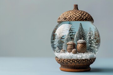 Aufkleber - An up-close view of a snow globe within the acorn which is showing a small winter fantasy photo against a light blue backdrop with a large text area, Generative AI.