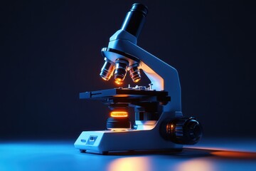 Poster - Illuminated microscope sits on a lab table showcasing intricate scientific exploration