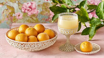 Sticker - Fresh Orange Juice in Crochet Glass with Fruit Bowl