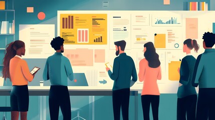 Poster - A diverse group of professionals collaborates on a project, analyzing charts and data while engaged in a creative brainstorming session in a modern office environment.
