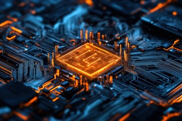 Poster - Intricate close-up of a glowing microchip on a circuit board with vibrant orange details