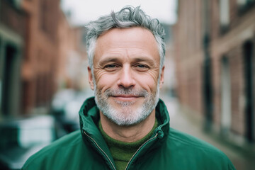 Wall Mural - Mid-aged man smiling outdoors. Urban portrait of happy person wearing green jacket. Gray hair, beard. Casual attire style. City background. Trendy style. Pro look. Happy expression. Cool man in city