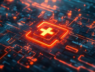 Poster - A vibrant digital representation of a medical cross symbol, illuminated in neon colors against a complex circuit board backdrop, showcasing the intersection of healthcare and techn
