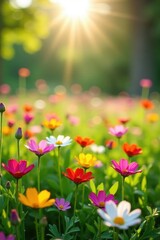Wall Mural - vibrant wildflowers bloom in a sunlit meadow, fresh spring growth , pretty, meadow