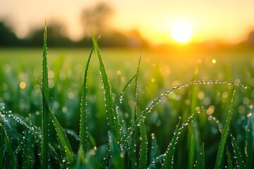 Wall Mural - Fresh green grass covered with dew drops at sunrise in spring