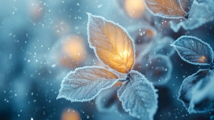 Poster - Frozen leaves covered with hoarfrost during snowfall at sunset