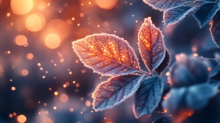 Poster - Frozen leaves glowing during winter sunset with bokeh effect