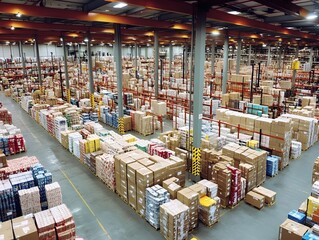 Poster - A vast warehouse filled with neatly organized boxes and pallets, showcasing the efficiency of modern logistics and storage solutions.