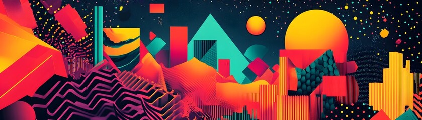 Poster - A vibrant abstract landscape featuring geometric shapes, bold colors, and a surreal sun, evoking creativity and imagination.