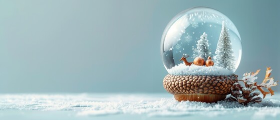 Aufkleber - An up-close view of a snow globe within the acorn which is showing a small winter fantasy photo against a light blue backdrop with a large text area, Generative AI.