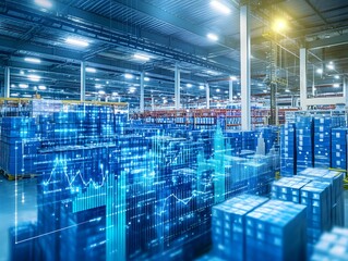 Poster - Modern warehouse interior featuring advanced technology and inventory management with holographic digital displays.