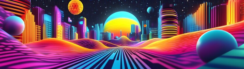 Poster - Vibrant and colorful digital landscape showcasing a futuristic city under a starry sky with abstract hills and geometrical shapes.