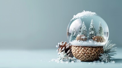 Aufkleber - An up-close view of a snow globe within the acorn which is showing a small winter fantasy photo against a light blue backdrop with a large text area, Generative AI.