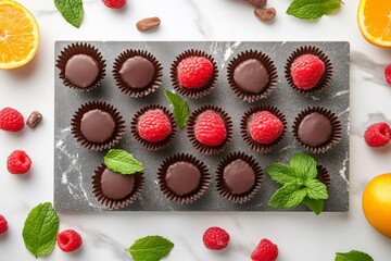 Wall Mural - Delicious dark chocolate cups with fresh raspberries and mint leaves on marble