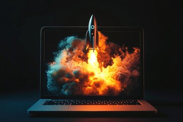 Poster - Laptop Screen Explosion: Rocket Launch Startup Success Innovation Technology Digital Future Business Growth Speed Fast  