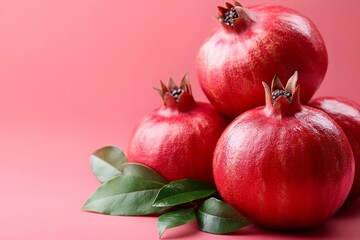 Poster - Ripe pomegranates resting on vibrant pink surface with lush green leaves