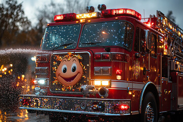 Wall Mural - a firetruck with a smiling ladder spraying glittery water