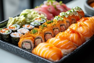 Wall Mural - Delicious sushi platter featuring variety of rolls and nigiri