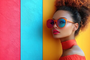 Wall Mural - Vibrant promotional flyer layout featuring a stylish model with colorful sunglasses