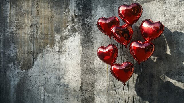 A striking arrangement of metallic heart-shaped foil balloons reflecting light, placed against a textured concrete wall for an industrial-chic vibe.